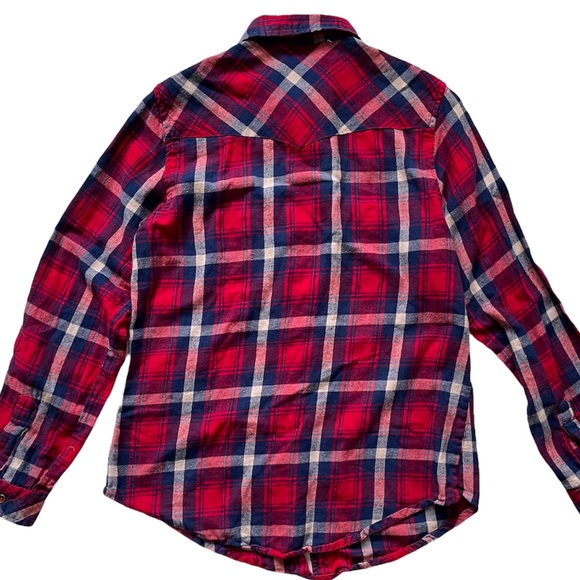 ANGIE Womens Large Juniors Flannel Shirt Red Plaid Long Sleeve Button Up SLIM - Picture 3 of 6